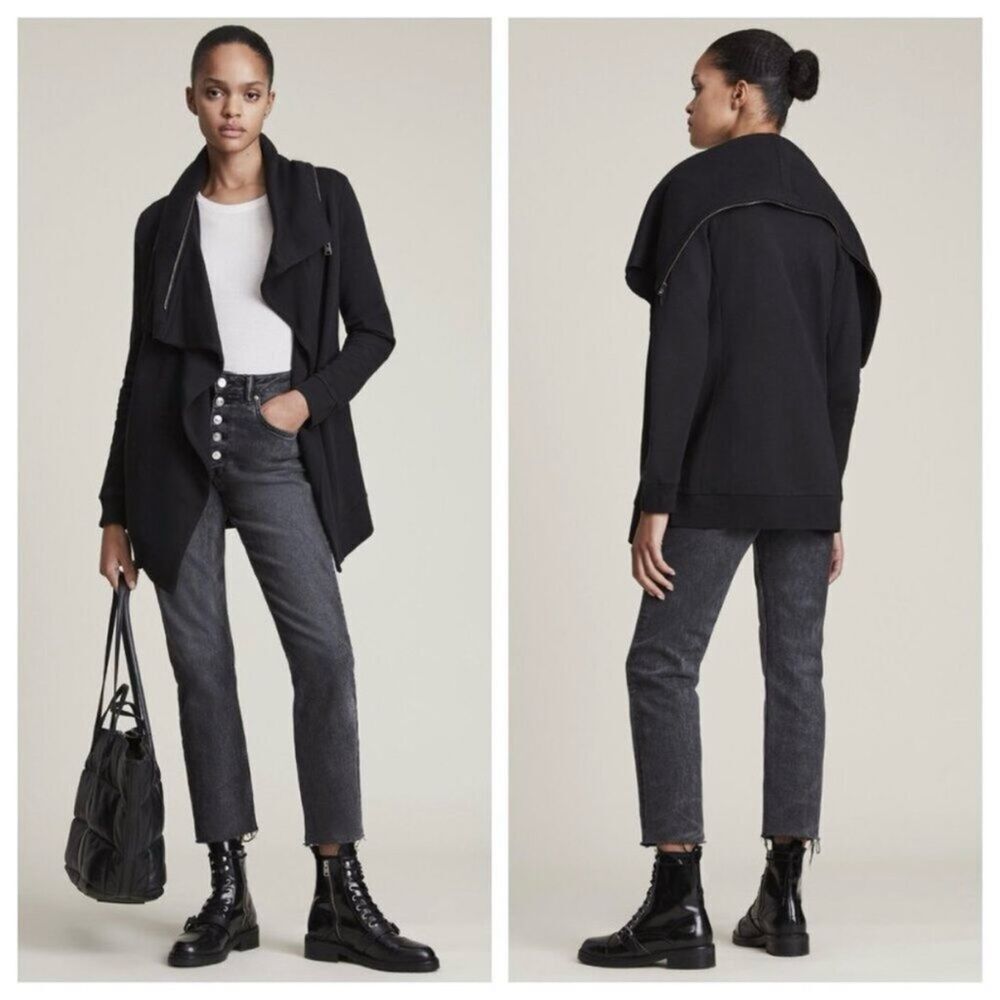All Saints Black Dahlia Open Front Sweatshirt Jacket Cardigan